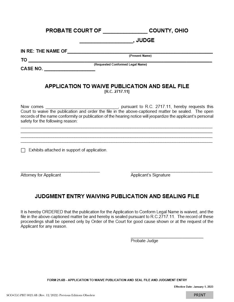 Application To Waive Publication And Seal File {21.6B} | Pdf Fpdf Docx | Ohio