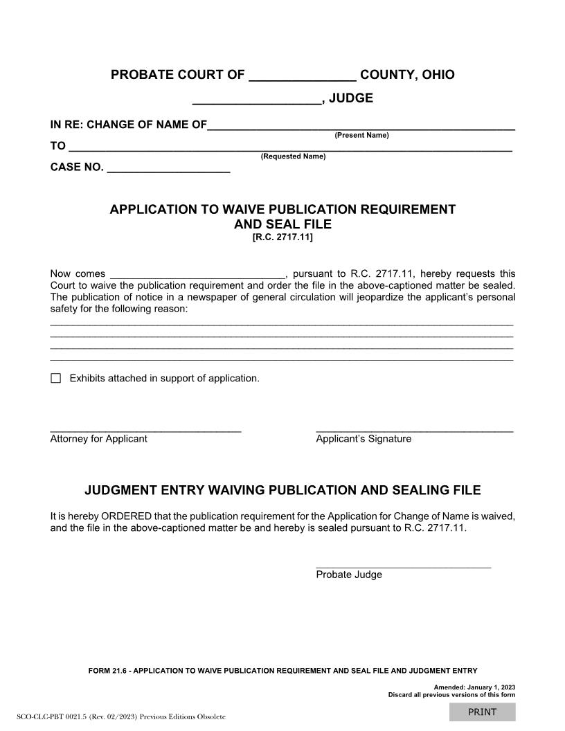 Application To Waive Publication Requirement And Seal File {21.6} | Pdf Fpdf Docx | Ohio