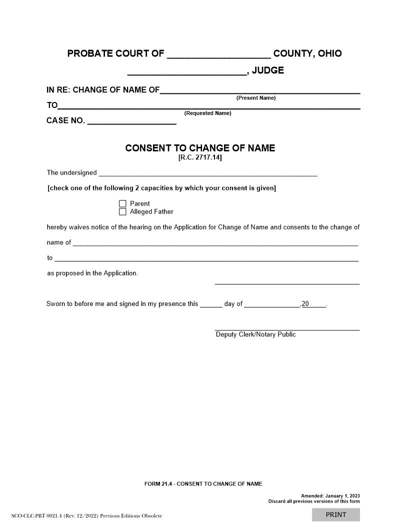 Consent To Change Of Name {21.4} | Pdf Fpdf Doc Docx | Ohio