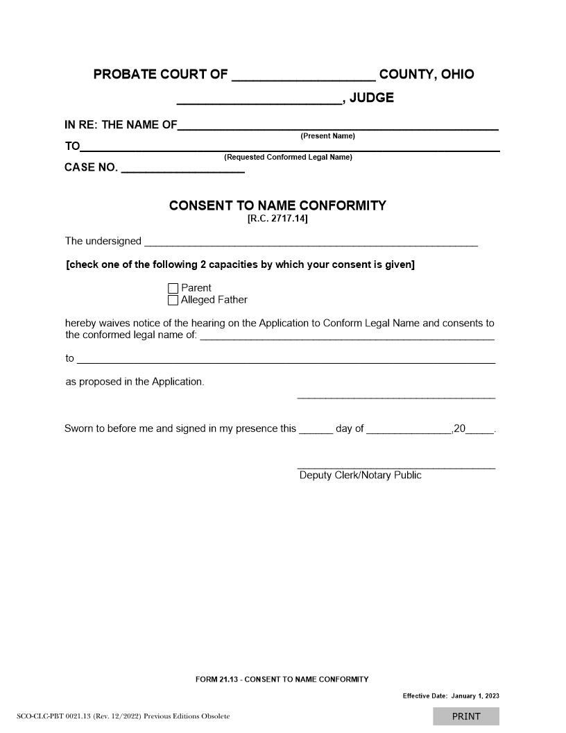 Consent To Name Conformity {21.13} | Pdf Fpdf Docx | Ohio