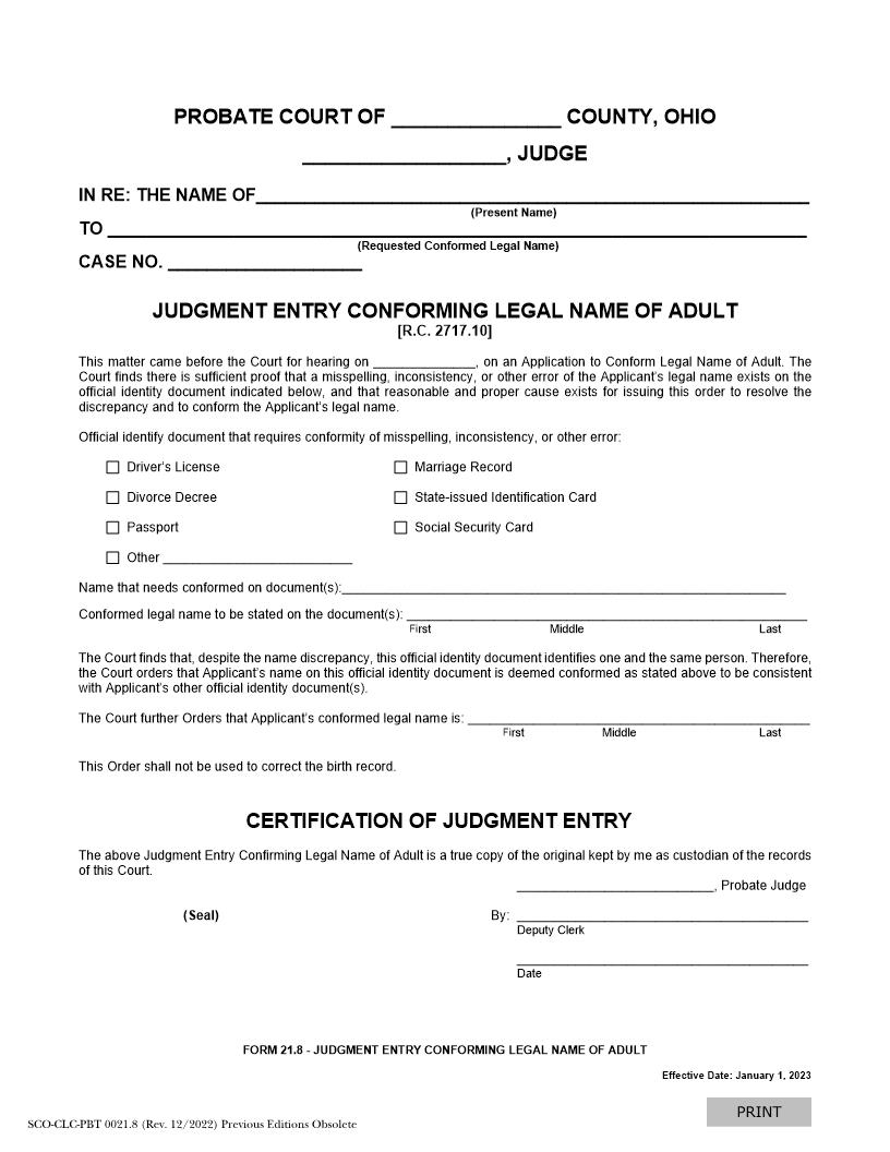 Judgment Entry Conforming Legal Name Of Adult {21.8} | Pdf Fpdf Docx | Ohio
