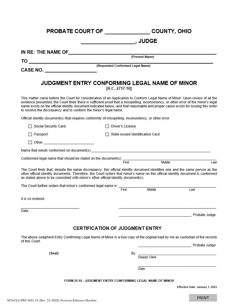 Judgment Entry Conforming Legal Name Of Minor {21.10} | Pdf Fpdf Docx | Ohio