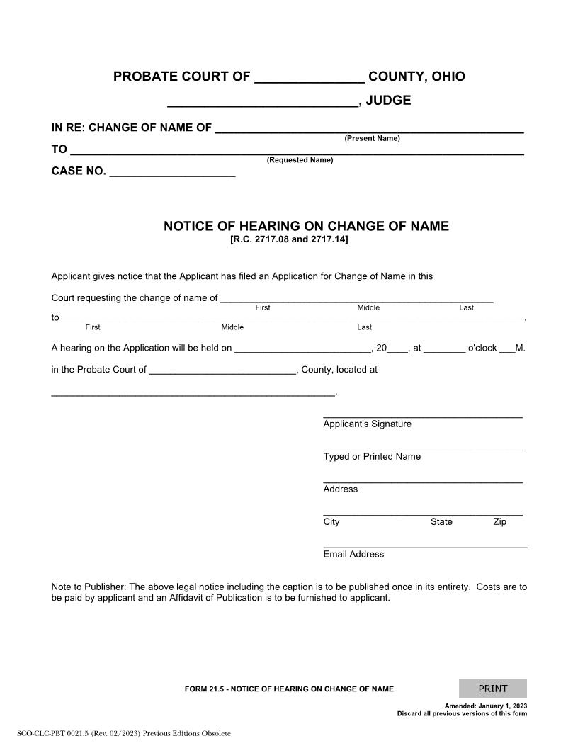 Notice Of Hearing On Change Of Name {21.5} | Pdf Fpdf Doc Docx | Ohio