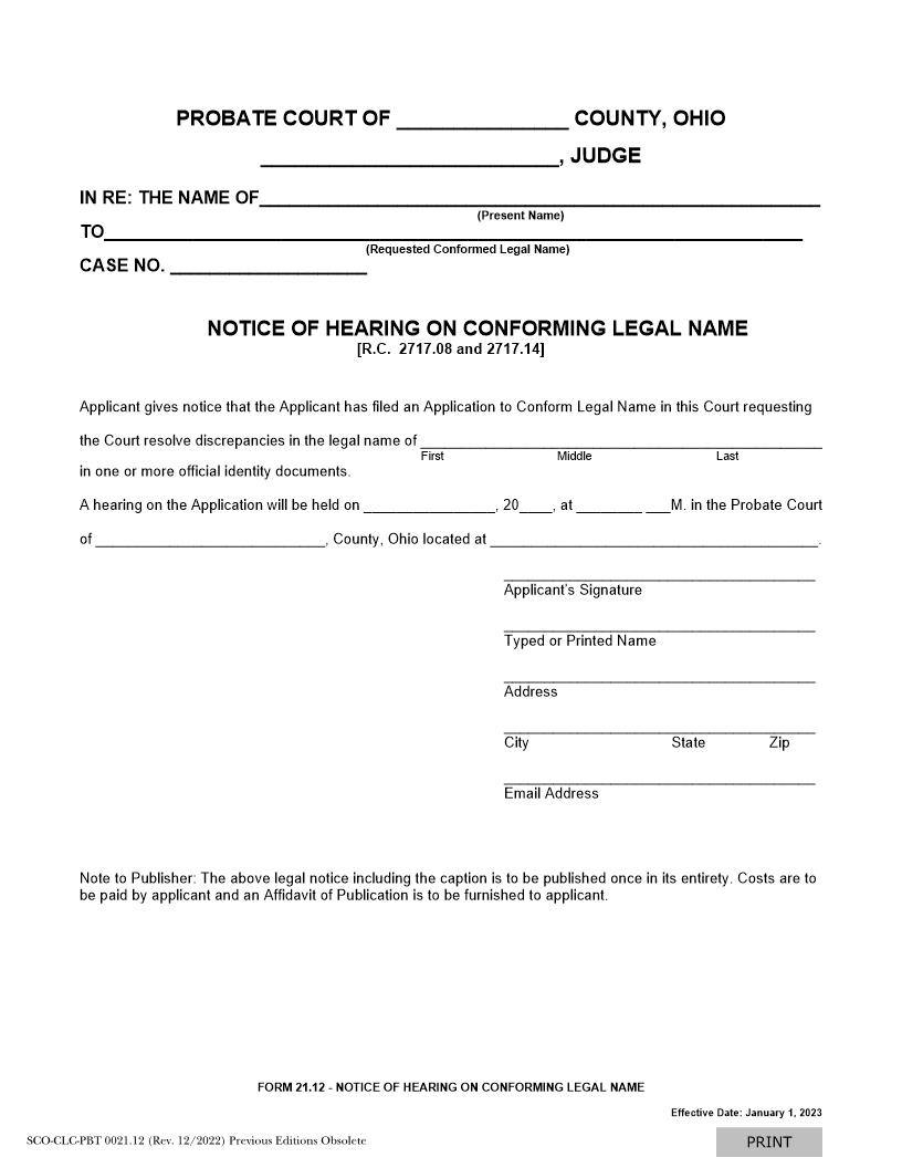 Notice Of Hearing On Conforming Legal Name {21.12} | Pdf Fpdf Docx | Ohio