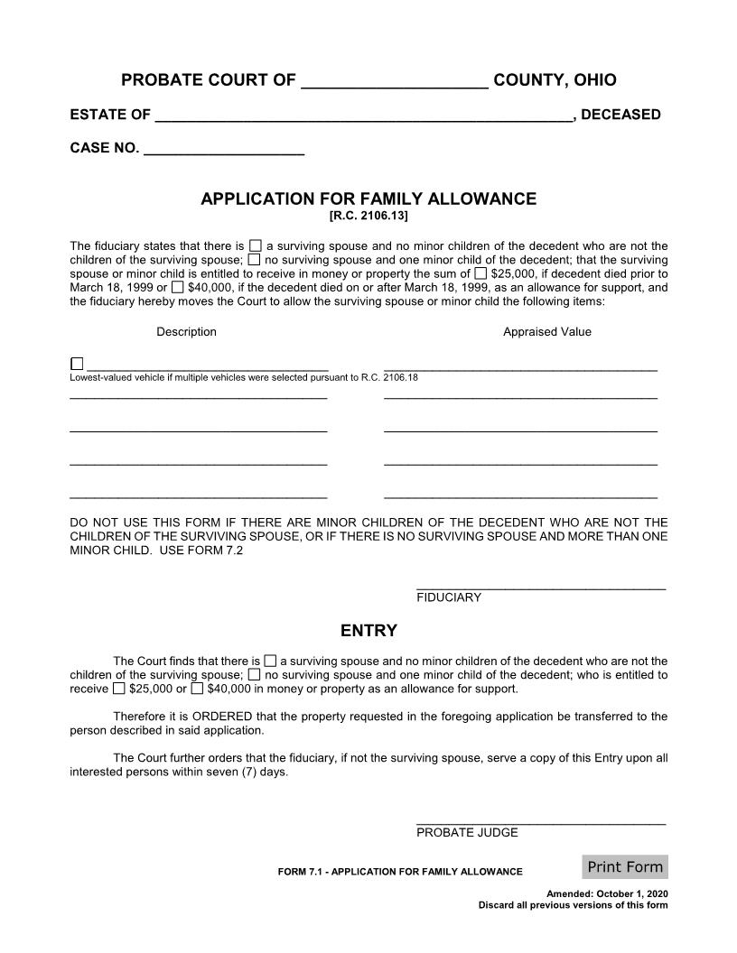 Application For Family Allowance {7.1} | Pdf Fpdf Doc Docx | Ohio