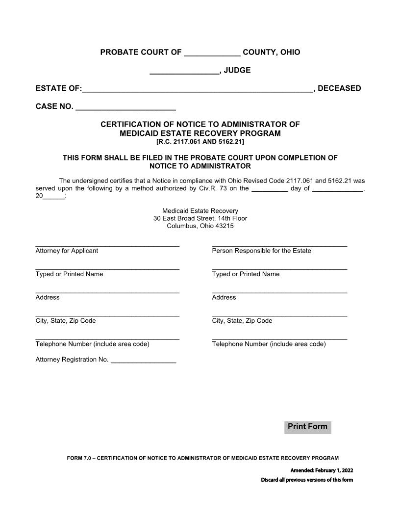 Certification Of Notice To Administrator Of Medicaid Estate Recovery Program {7.0} | Pdf Fpdf Docx | Ohio