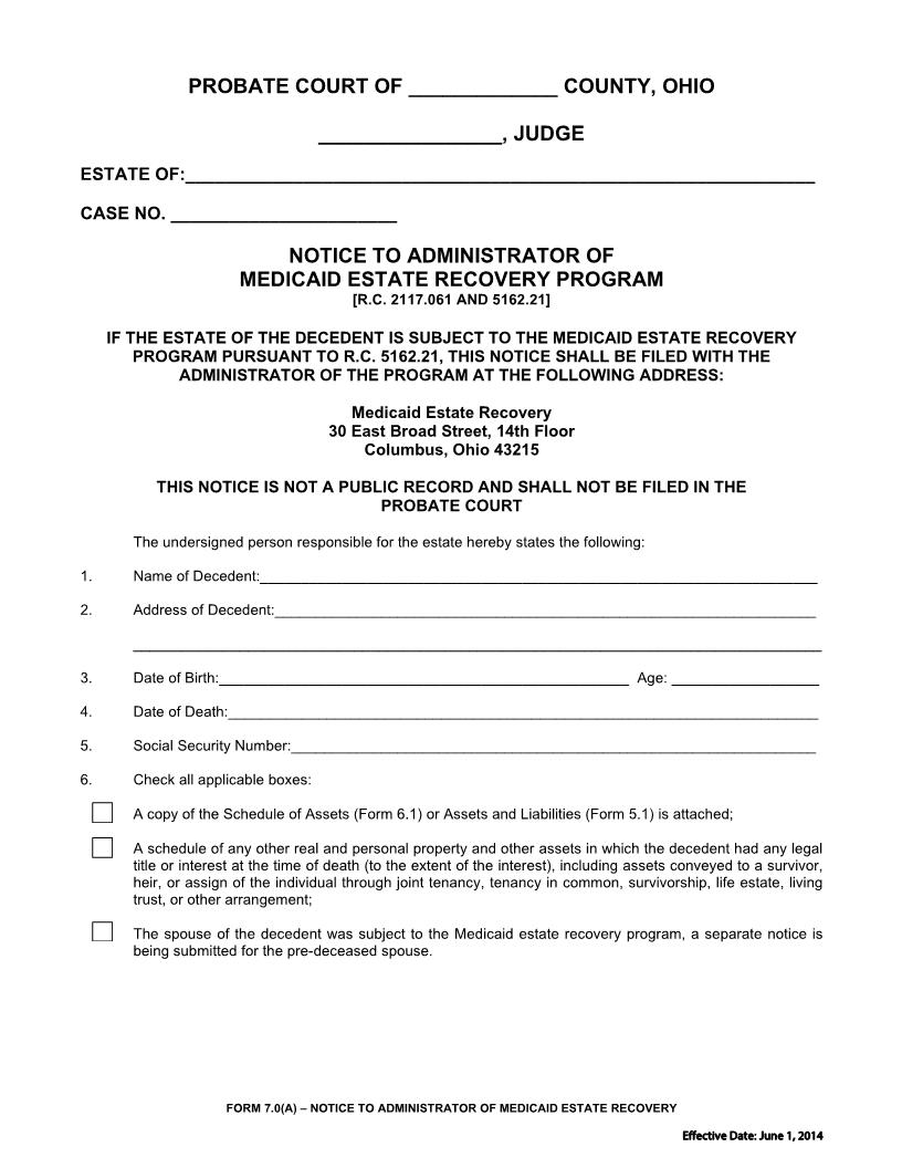 Notice To Administrator Of Medicaid Estate Recovery Program {7.0(A)} | Pdf Fpdf Docx | Ohio