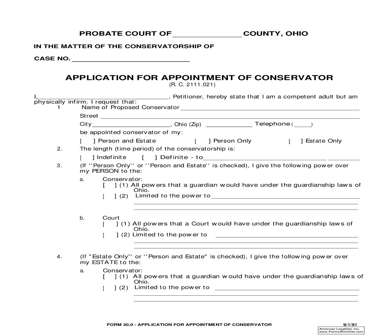 Application For Appointment Of Conservator {20.0} | Pdf Fpdf Doc Docx | Ohio