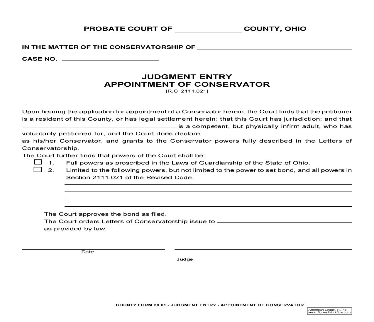 Judgment Entry Appointment Of Conservator {20.1} | Pdf Fpdf Doc Docx | Ohio