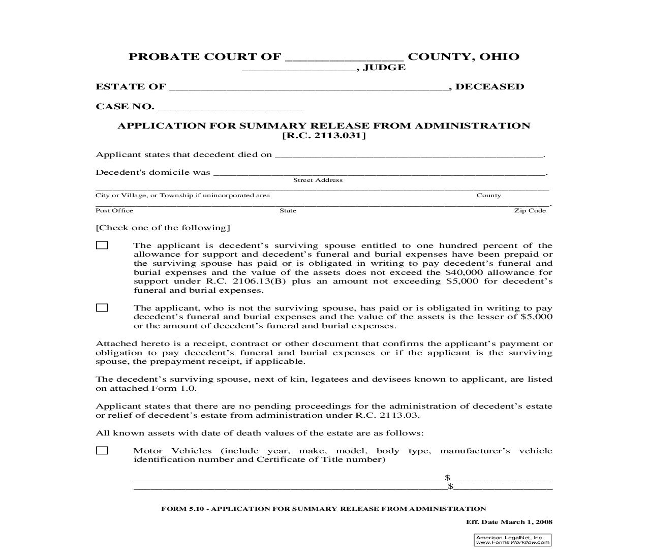 Application For Summary Release From Administration {5.10} | Pdf Fpdf Doc Docx | Ohio