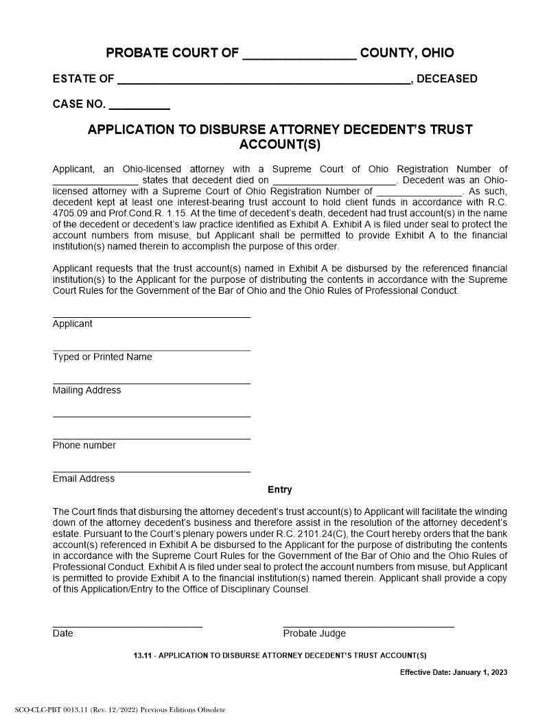 Application To Disburse Attorney Decedents Trust Account  {13.11} | Pdf Fpdf Docx | Ohio