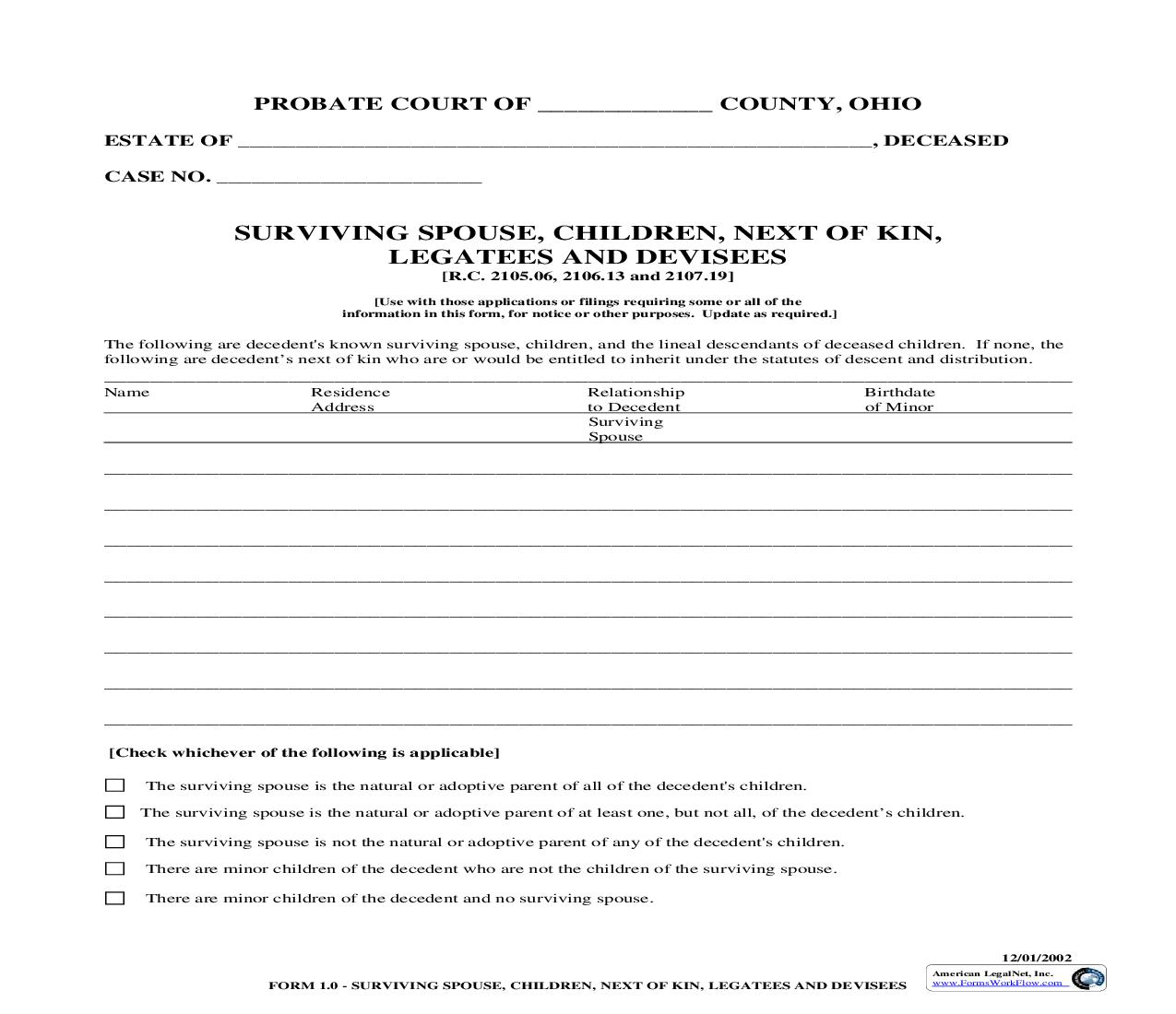Surviving Spouse, Children, Next Of Kin, Legatees And Devisees {1.0} | Pdf Fpdf Doc Docx | Ohio