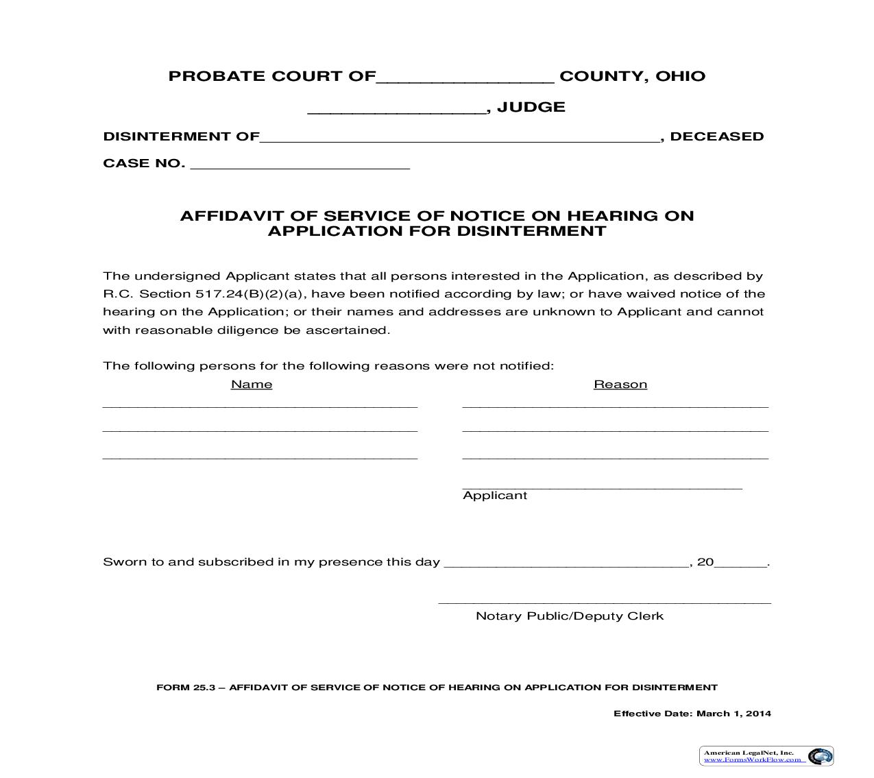 Affidavit Of Service Of Notice On Hearing On Application For Disinterment {25.3} | Pdf Fpdf Doc Docx | Ohio
