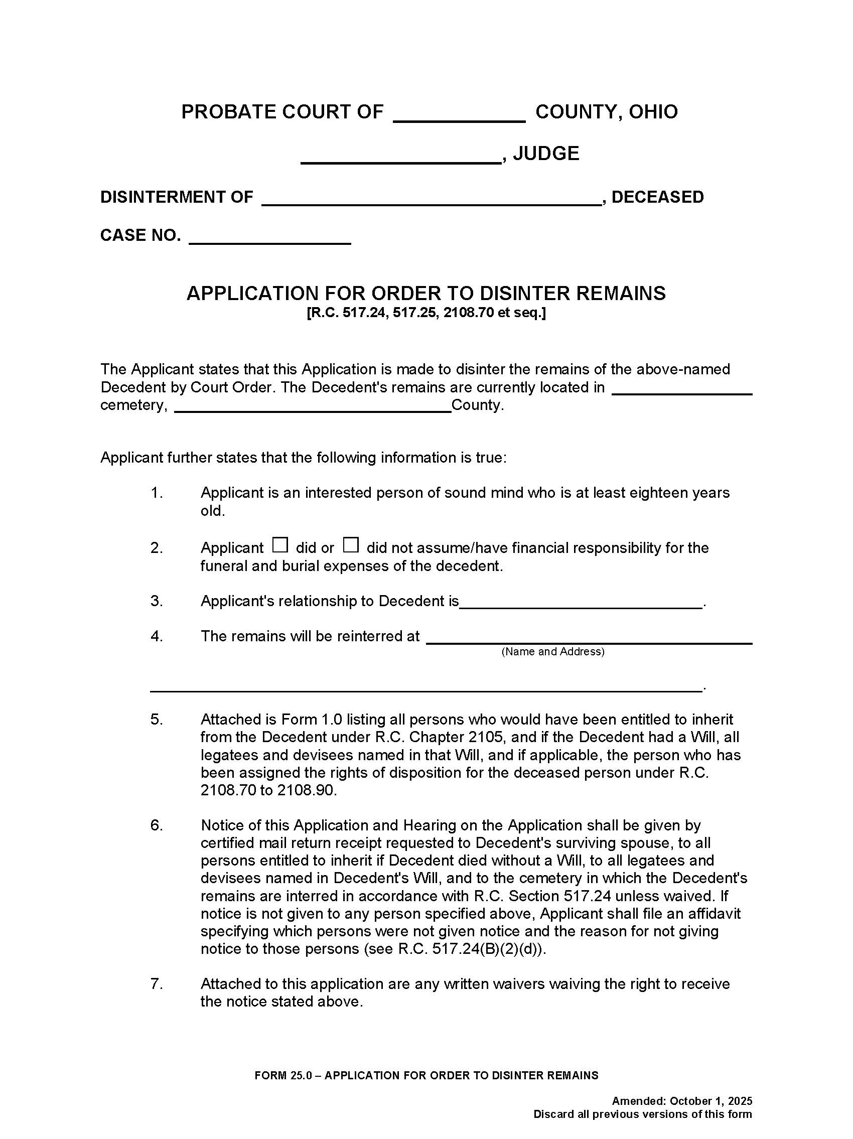 Application For Order To Disinter Remains {25.0} | Pdf Fpdf Doc Docx | Ohio