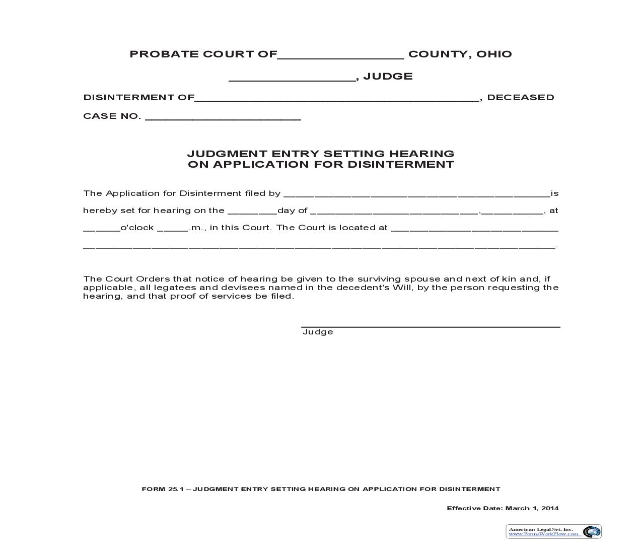 Judgment Entry Setting Hearing On Application For Disinterment {25.1} | Pdf Fpdf Doc Docx | Ohio
