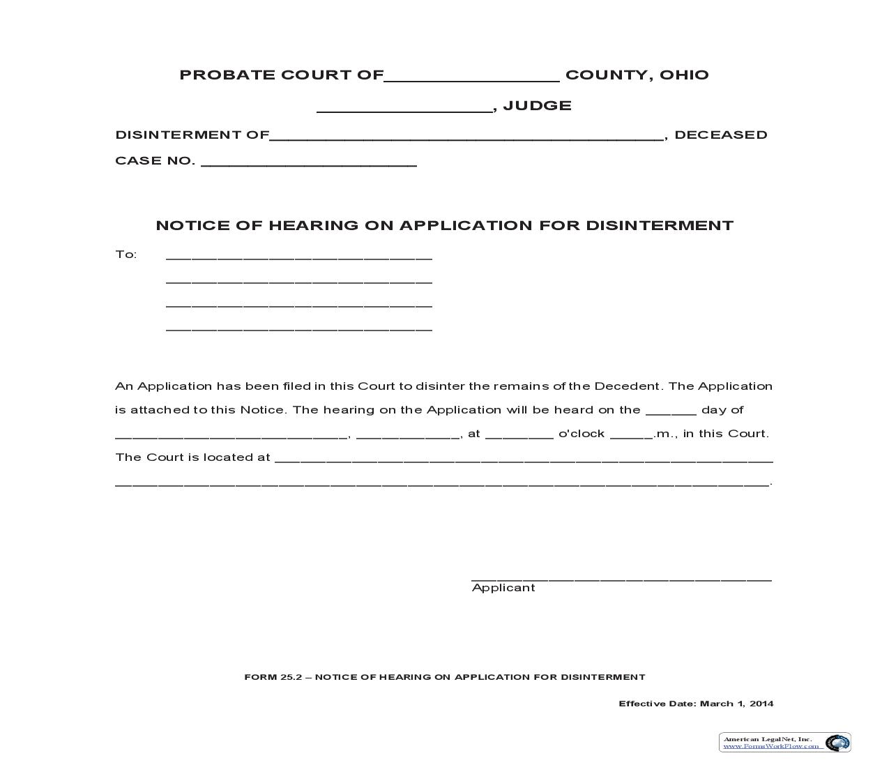 Notice Of Hearing On Application For Disinterment {25.2} | Pdf Fpdf Doc Docx | Ohio