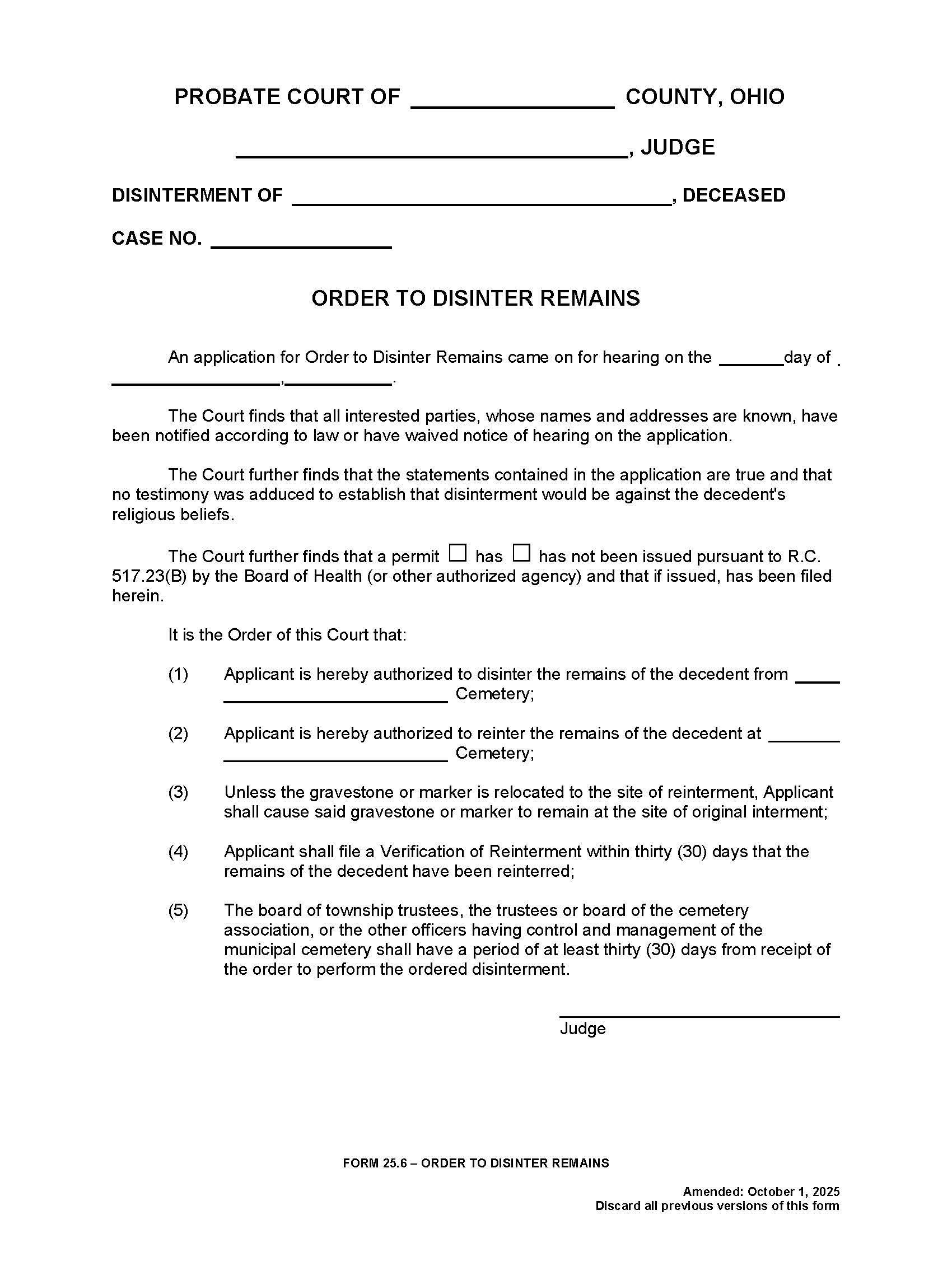 Order To Disinter Remains {25.6} | Pdf Fpdf Doc Docx | Ohio