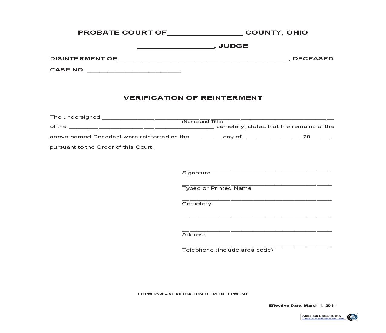 Verification Of Reinterment {25.4} | Pdf Fpdf Doc Docx | Ohio