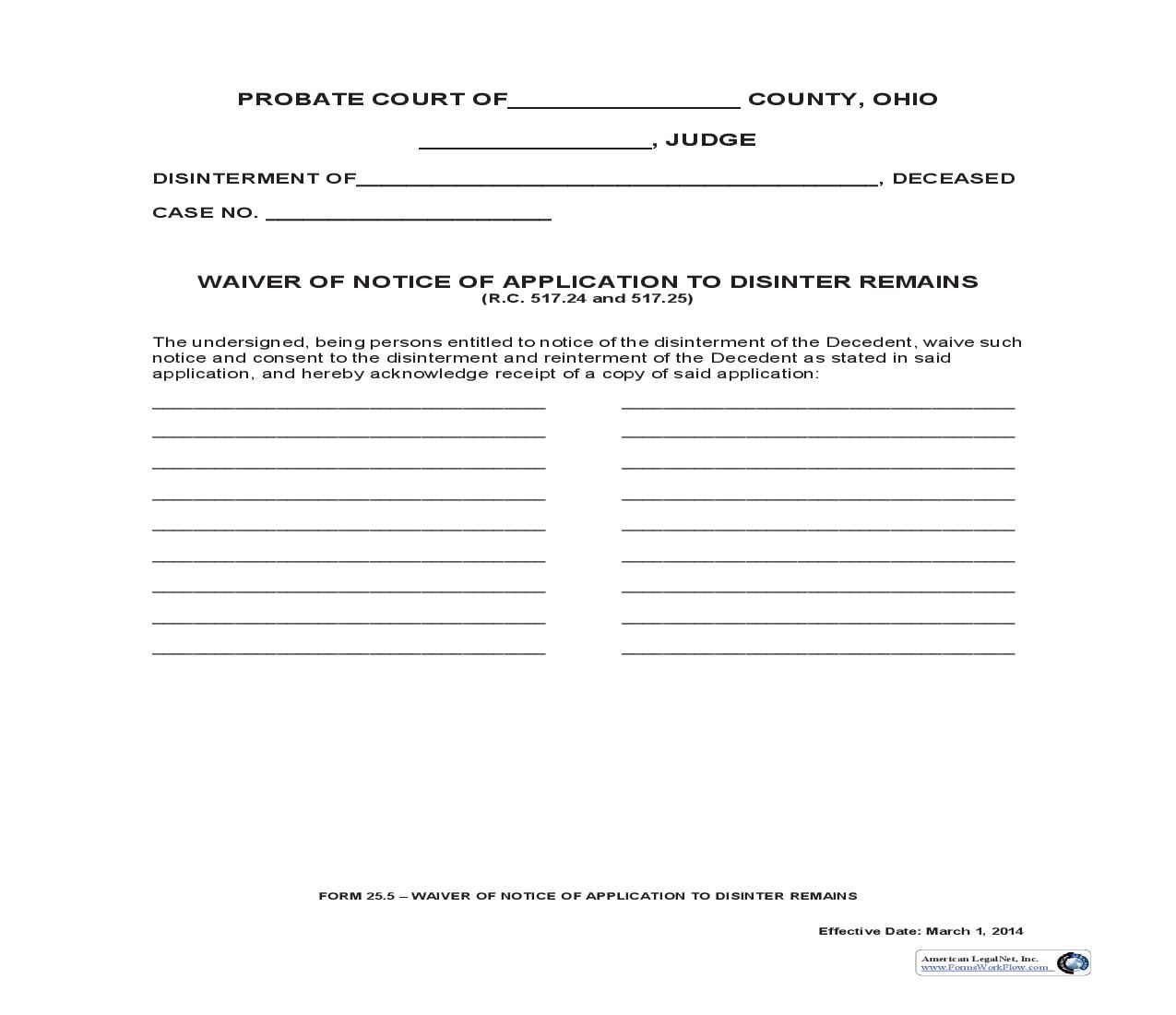 Waiver Of Notice Of Application To Disinter Remains {25.5} | Pdf Fpdf Doc Docx | Ohio