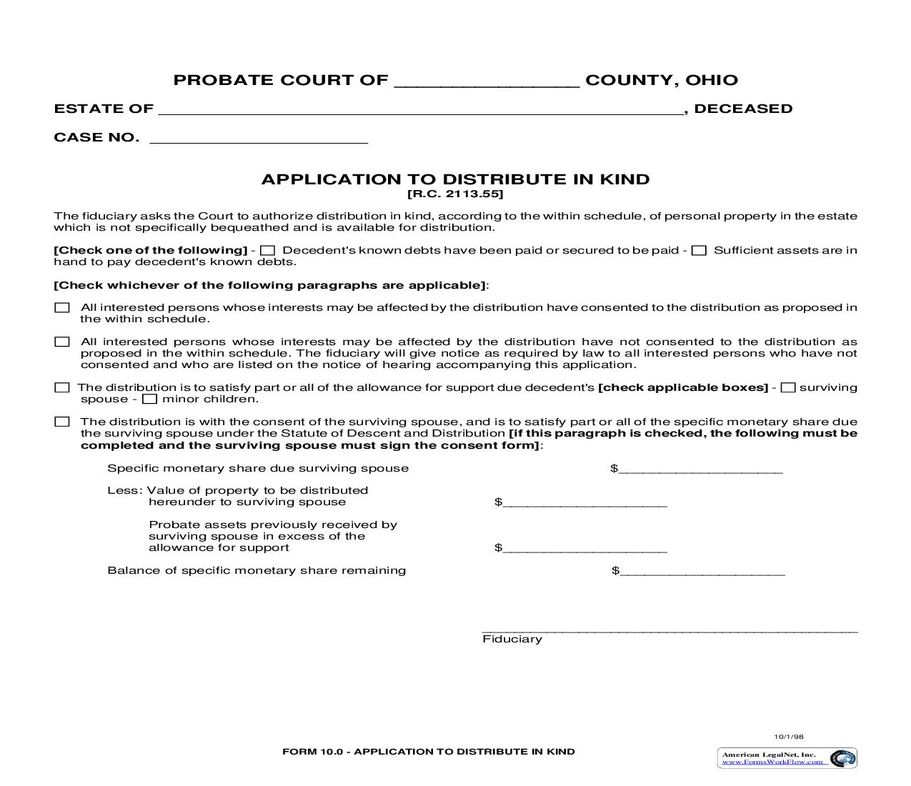 Application To Distribute In Kind {10.0} | Pdf Fpdf Doc Docx | Ohio