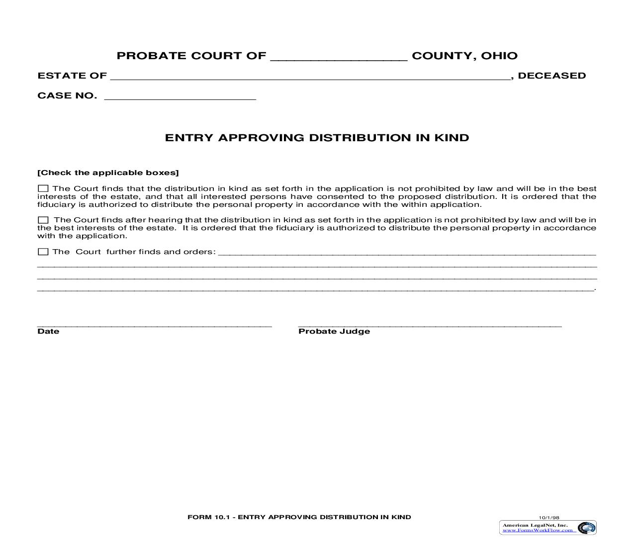Entry Approving Distribution In Kind {10.1} | Pdf Fpdf Doc Docx | Ohio
