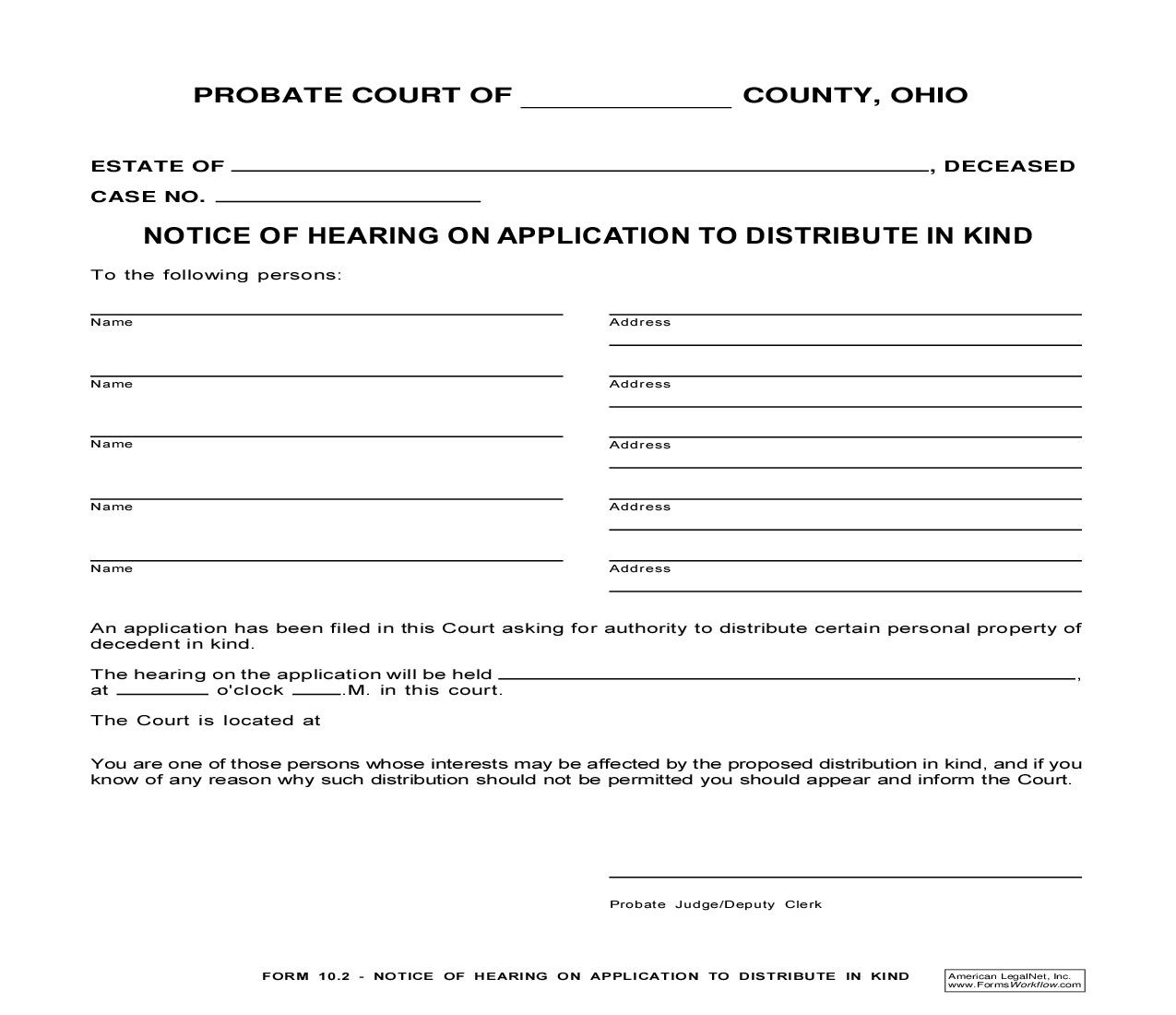 Notice Of Hearing On Application To Distribute In Kind {10.2} | Pdf Fpdf Doc Docx | Ohio