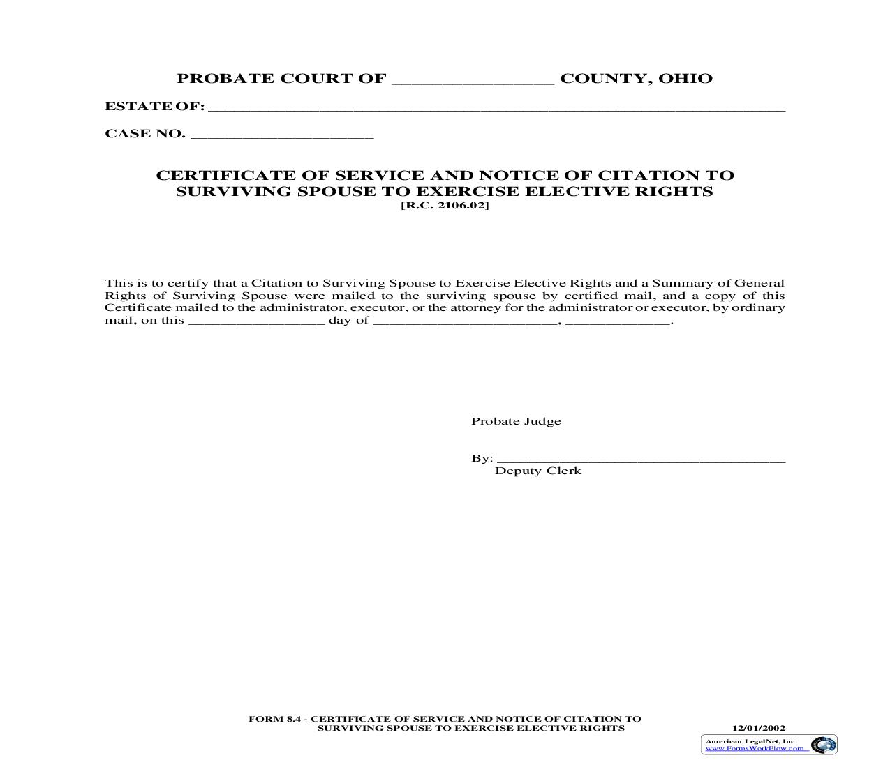 Certificate Of Service And Notice Of Citation To Surviving Spouse To Exercise Elective Rights {8.4} | Pdf Fpdf Doc Docx | Ohio
