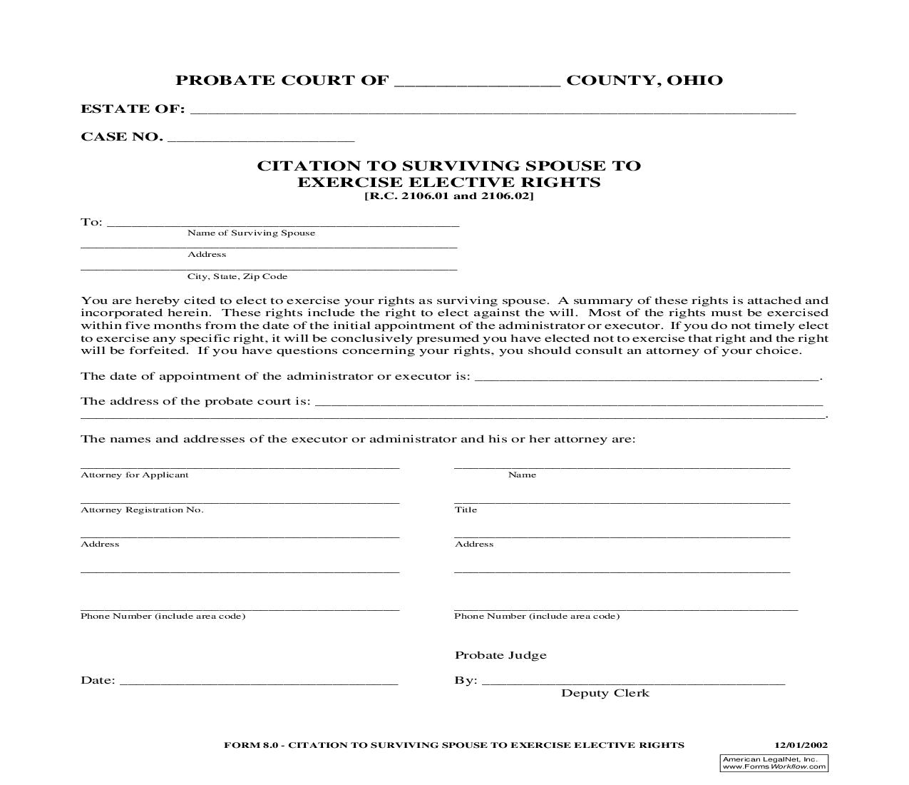 Citation To Surviving Spouse To Exercise Elective Rights {8.0} | Pdf Fpdf Doc Docx | Ohio