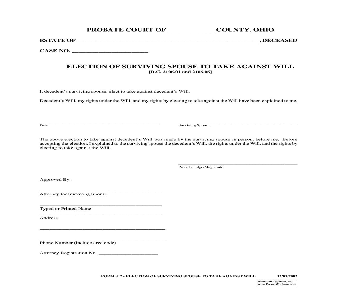 Election Of Surviving Spouse To Take Against Will {8.2} | Pdf Fpdf Doc Docx | Ohio