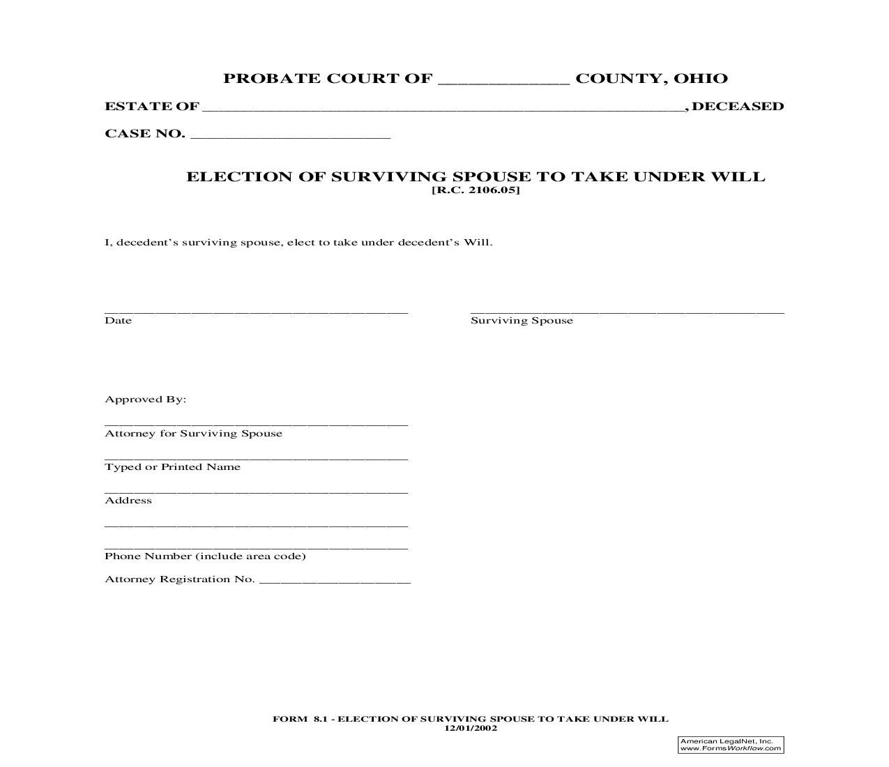 Election Of Surviving Spouse To Take Under Will {8.1} | Pdf Fpdf Doc Docx | Ohio