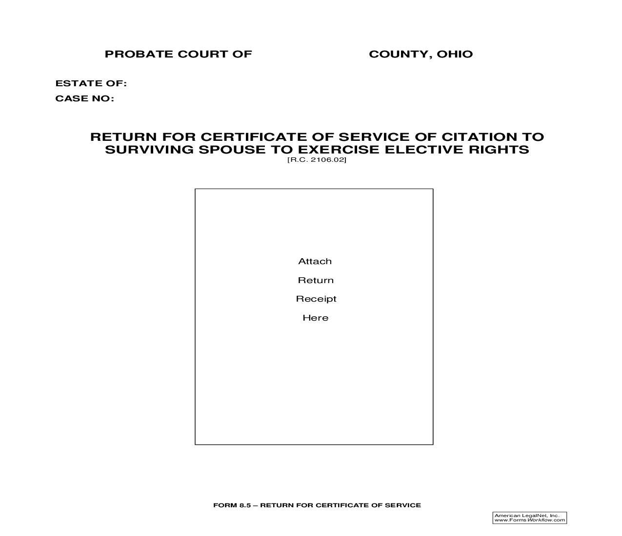 Return For Certificate Of Service Of Citation To Surviving Spouse To Exervise Elective Rights {8.5} | Pdf Fpdf Doc Docx | Ohio