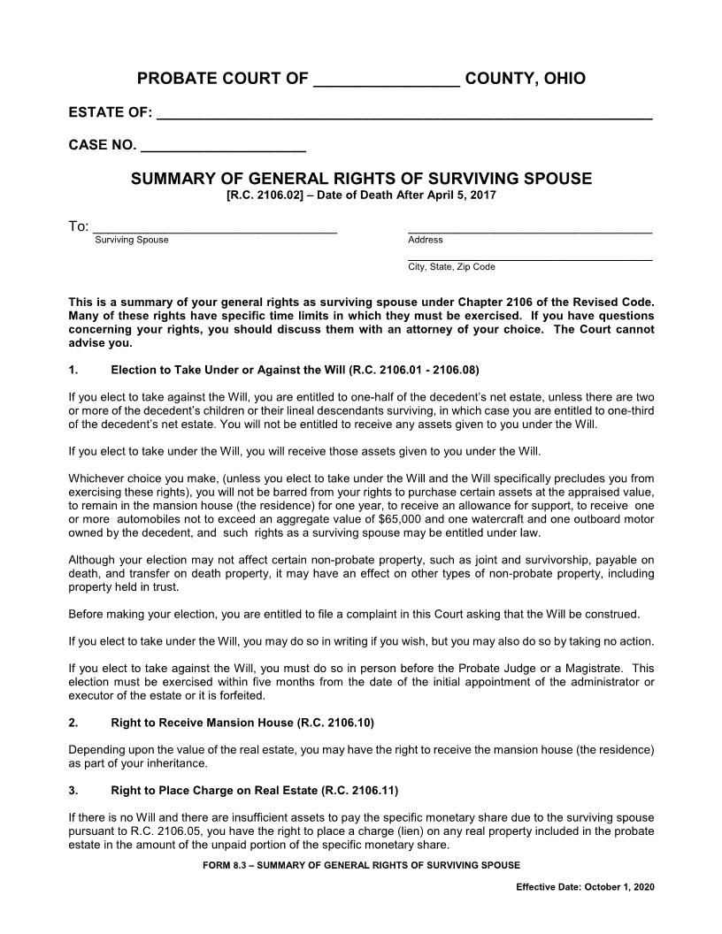 Summary Of General Rights Of Surviving Spouse {8.3} | Pdf Fpdf Doc Docx | Ohio