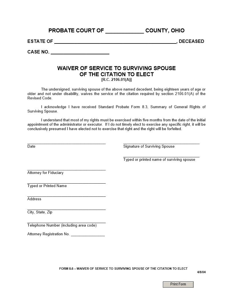Waiver Of Service To Surviving Spouse Of The Citation To Elect {8.6} | Pdf Fpdf Docx | Ohio