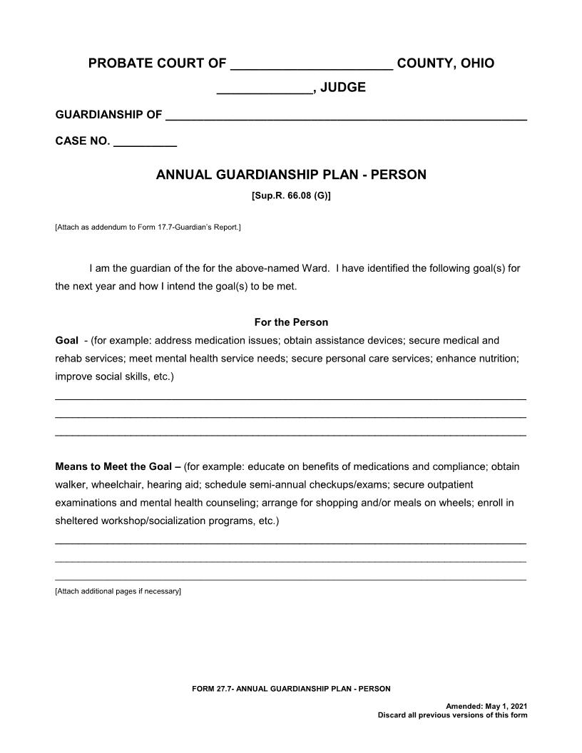 Annual Guardianship Plan - Person {27.7} | Pdf Fpdf Docx | Ohio