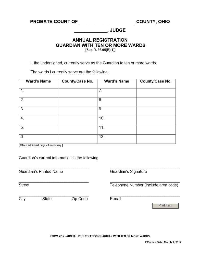 Annual Registration Guardian With Ten Or More Wards {27.5} | Pdf Fpdf Docx | Ohio