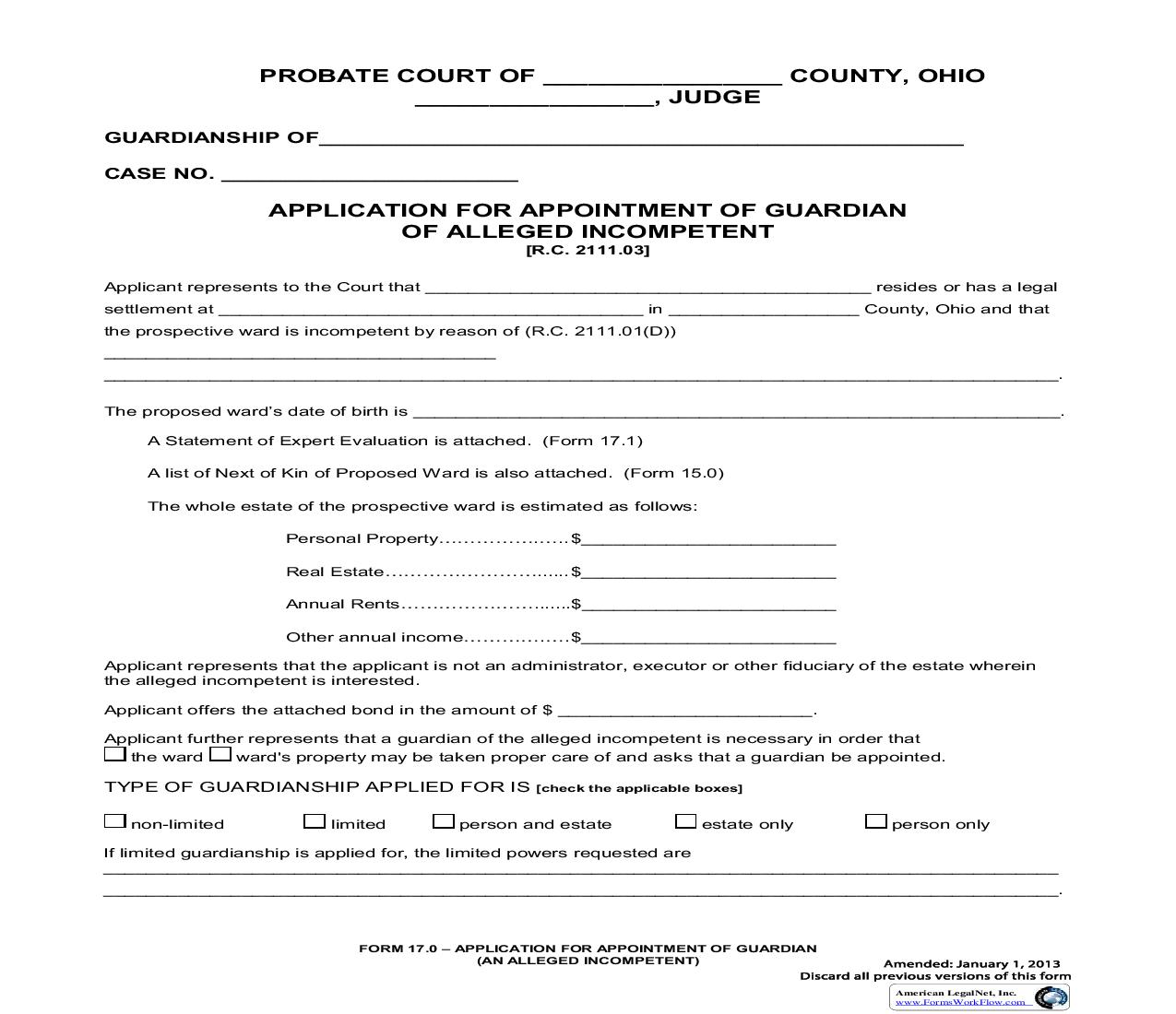 Application For Appointment Of Guardian Of Alleged Incompetent {17.0} | Pdf Fpdf Doc Docx | Ohio