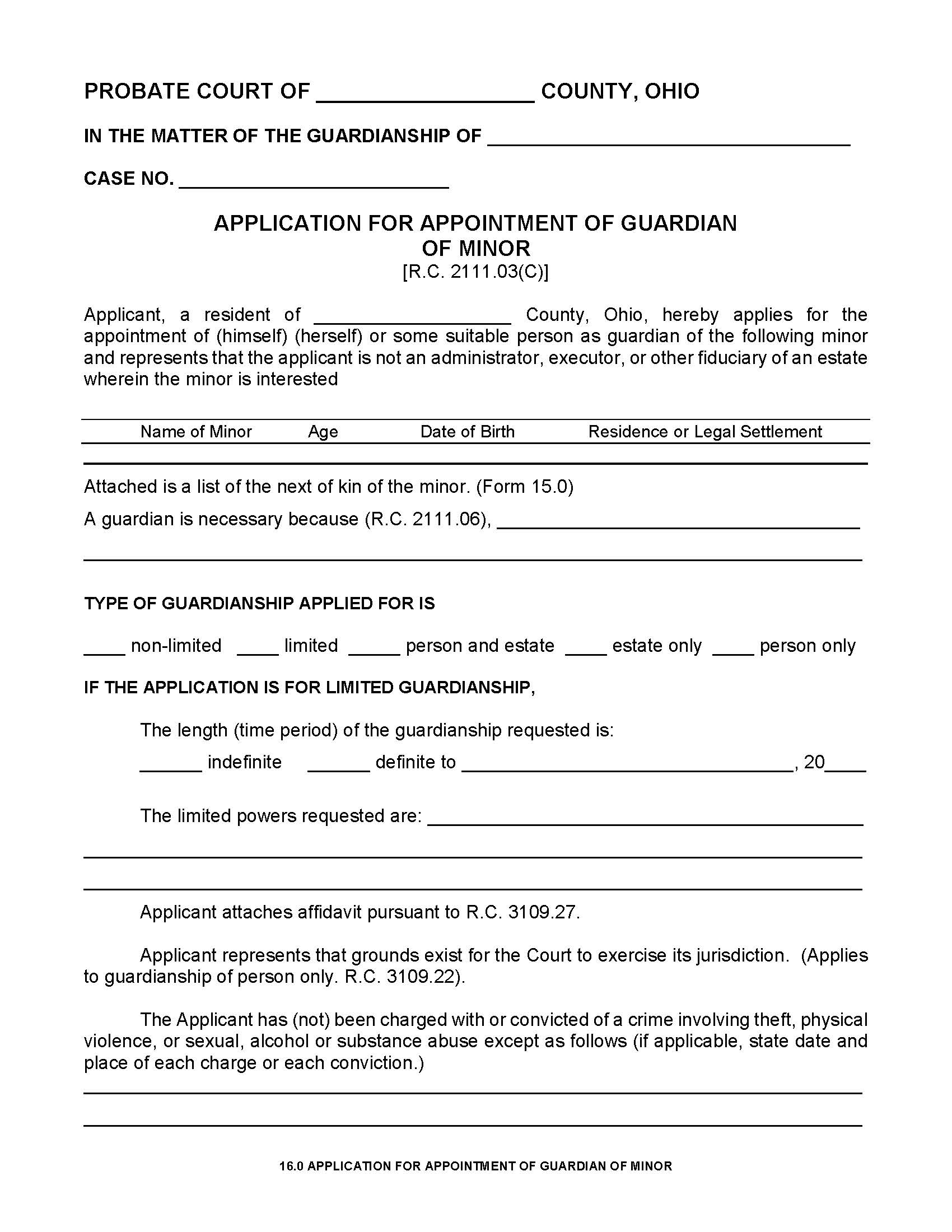 Application For Appointment Of Guardian Of Minor {16.0} | Pdf Fpdf Doc Docx | Ohio