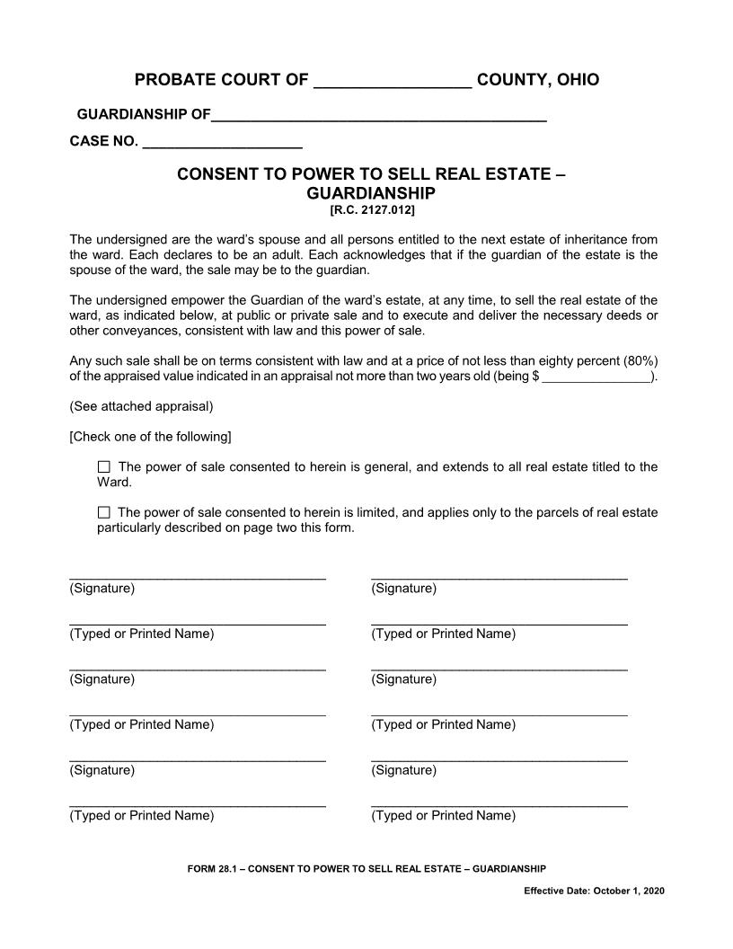 Consent To Power To Sell Real Estate - Guardianship {28.1} | Pdf Fpdf Docx | Ohio