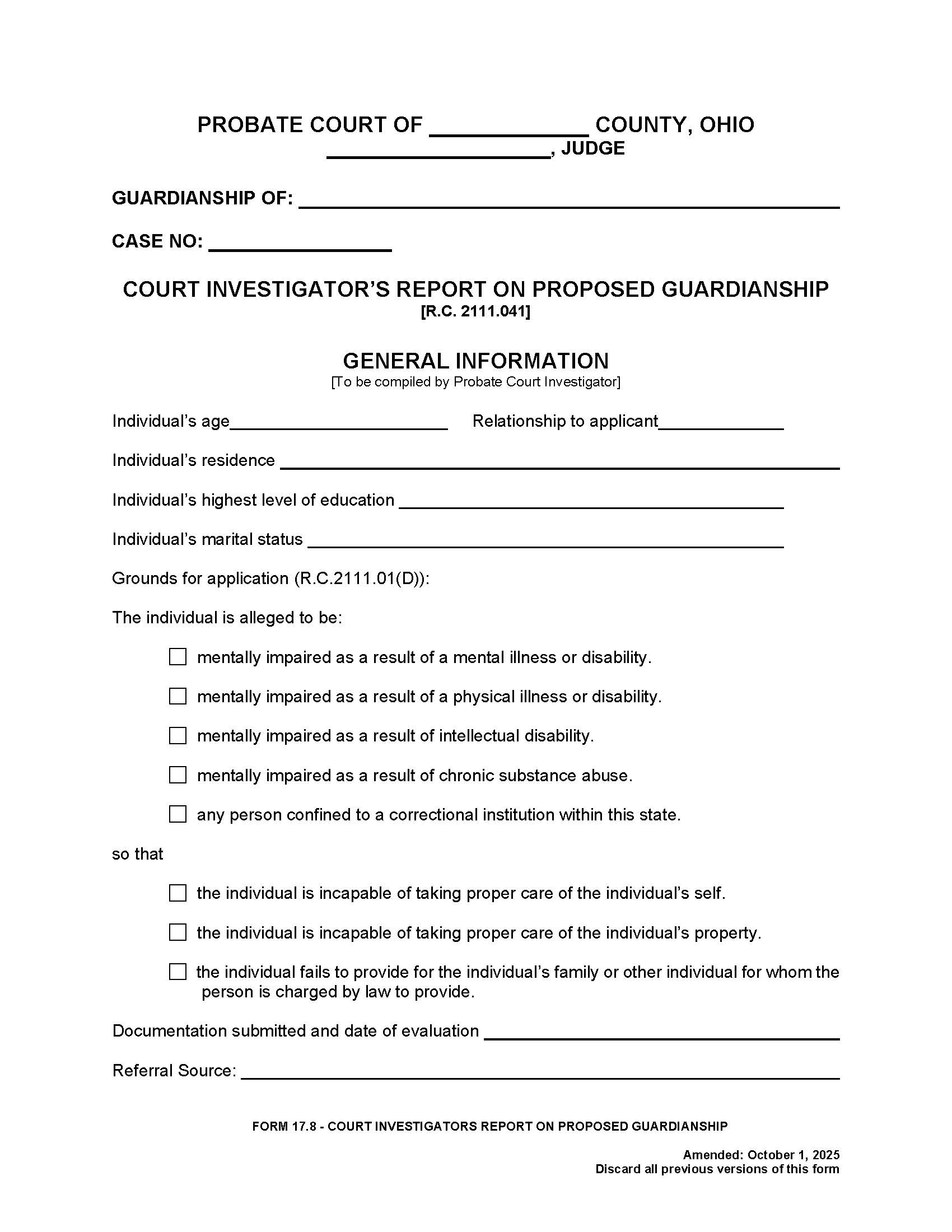 Court Investigators Report On Proposed Guardianship {17.8} | Pdf Fpdf Doc Docx | Ohio