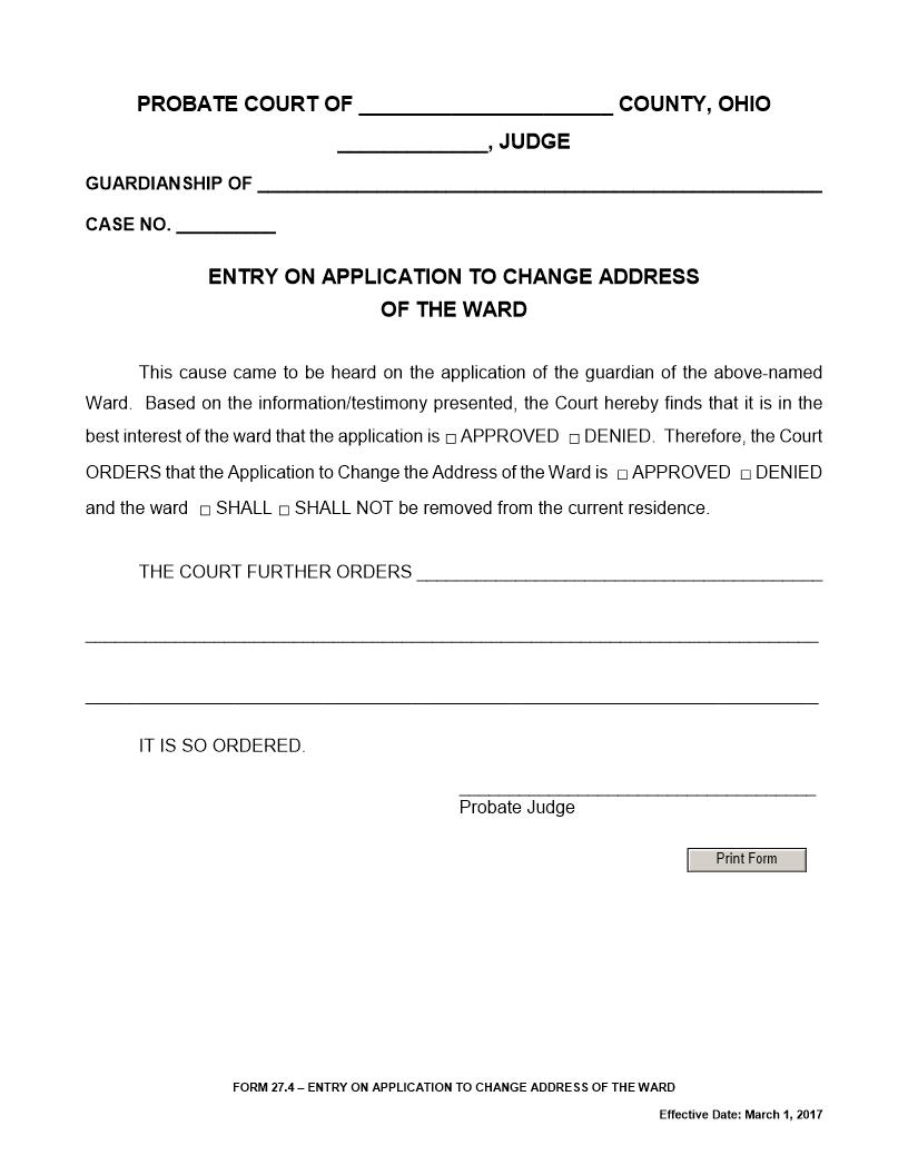 Entry On Application To Change Address Of The Ward {27.4} | Pdf Fpdf Docx | Ohio