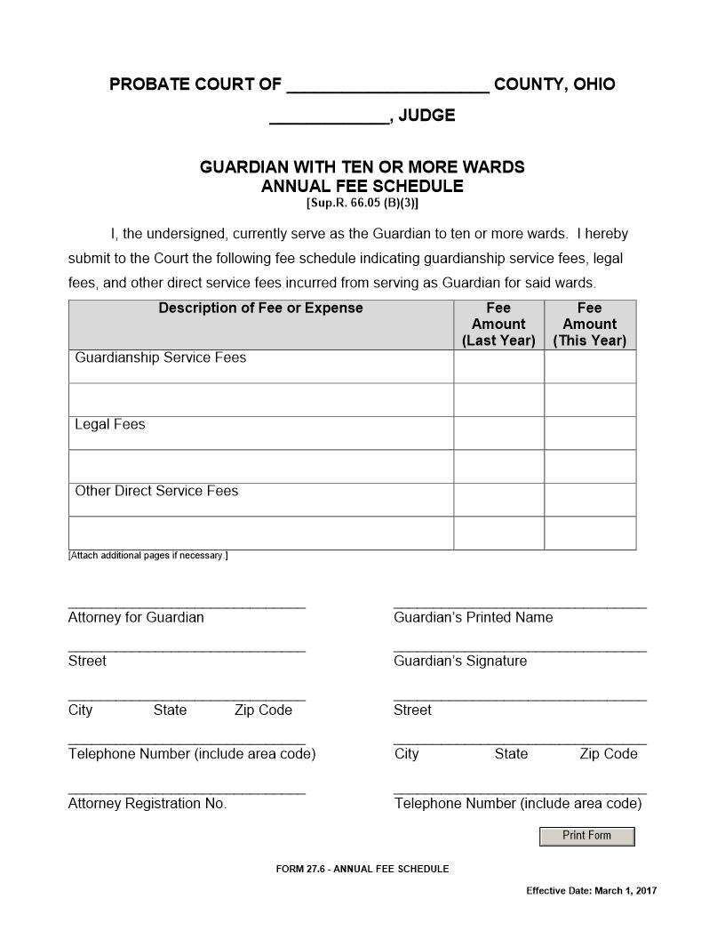 Guardian With Ten Or More Wards Annual Fee Schedule {27.6} | Pdf Fpdf Docx | Ohio