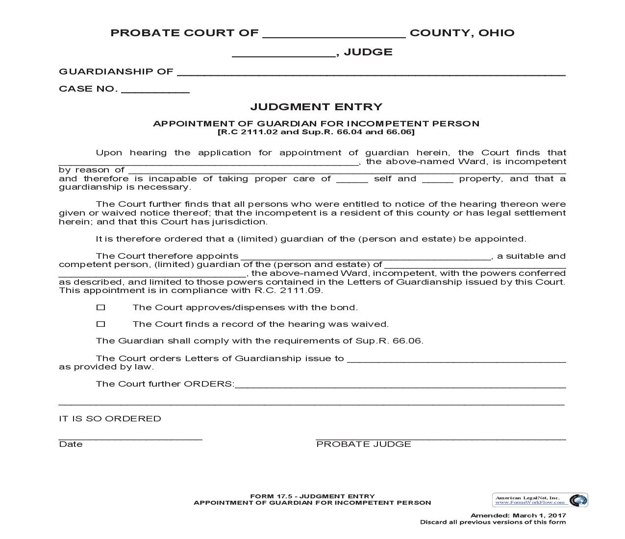 Judgment Entry Appointment Of Guardian For Incompetent Person {17.5} | Pdf Fpdf Doc Docx | Ohio