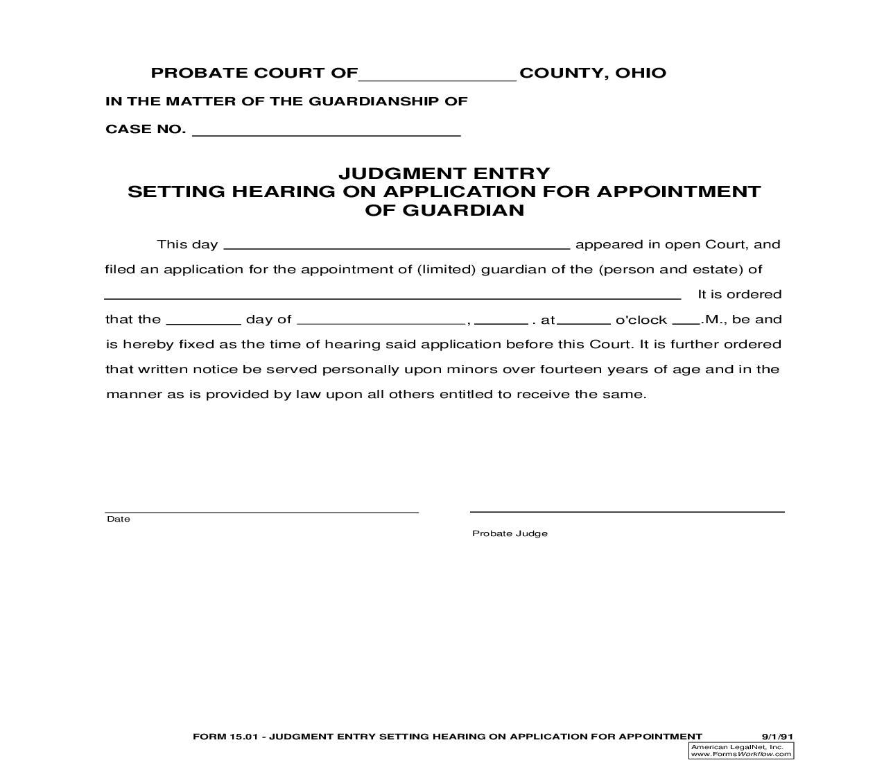 Judgment Entry Setting Hearing On Application For Appointment Of Guardian {15.01} | Pdf Fpdf Doc Docx | Ohio