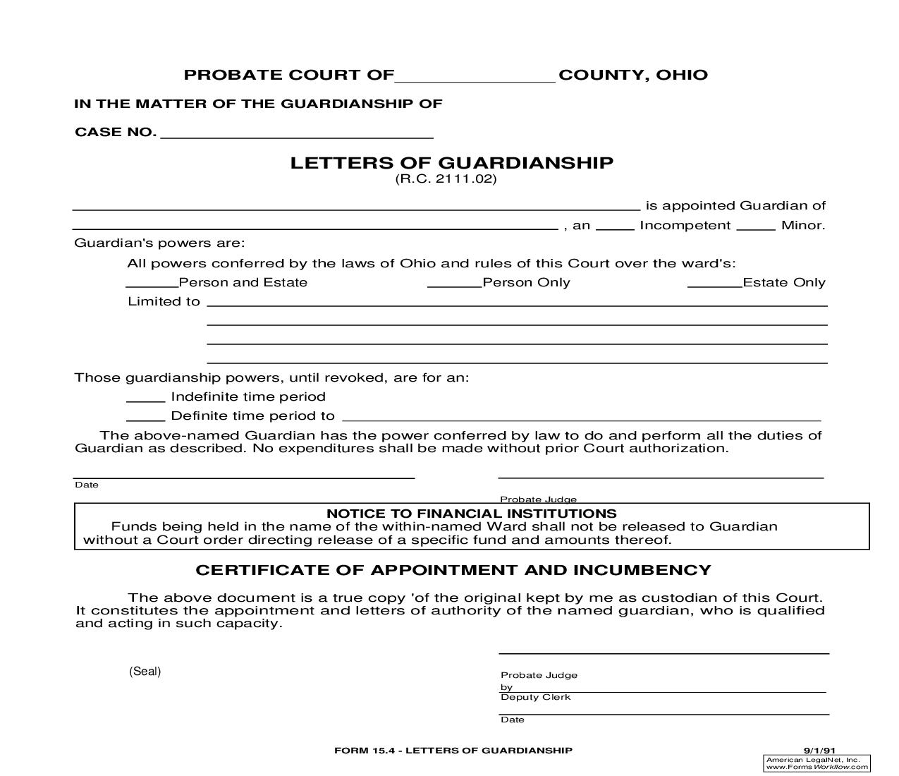 Letters Of Guardianship {15.4} | Pdf Fpdf Doc Docx | Ohio