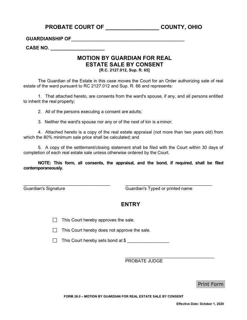 Motion By Guardian For Real Estate Sale By Consent {28.0} | Pdf Fpdf Docx | Ohio