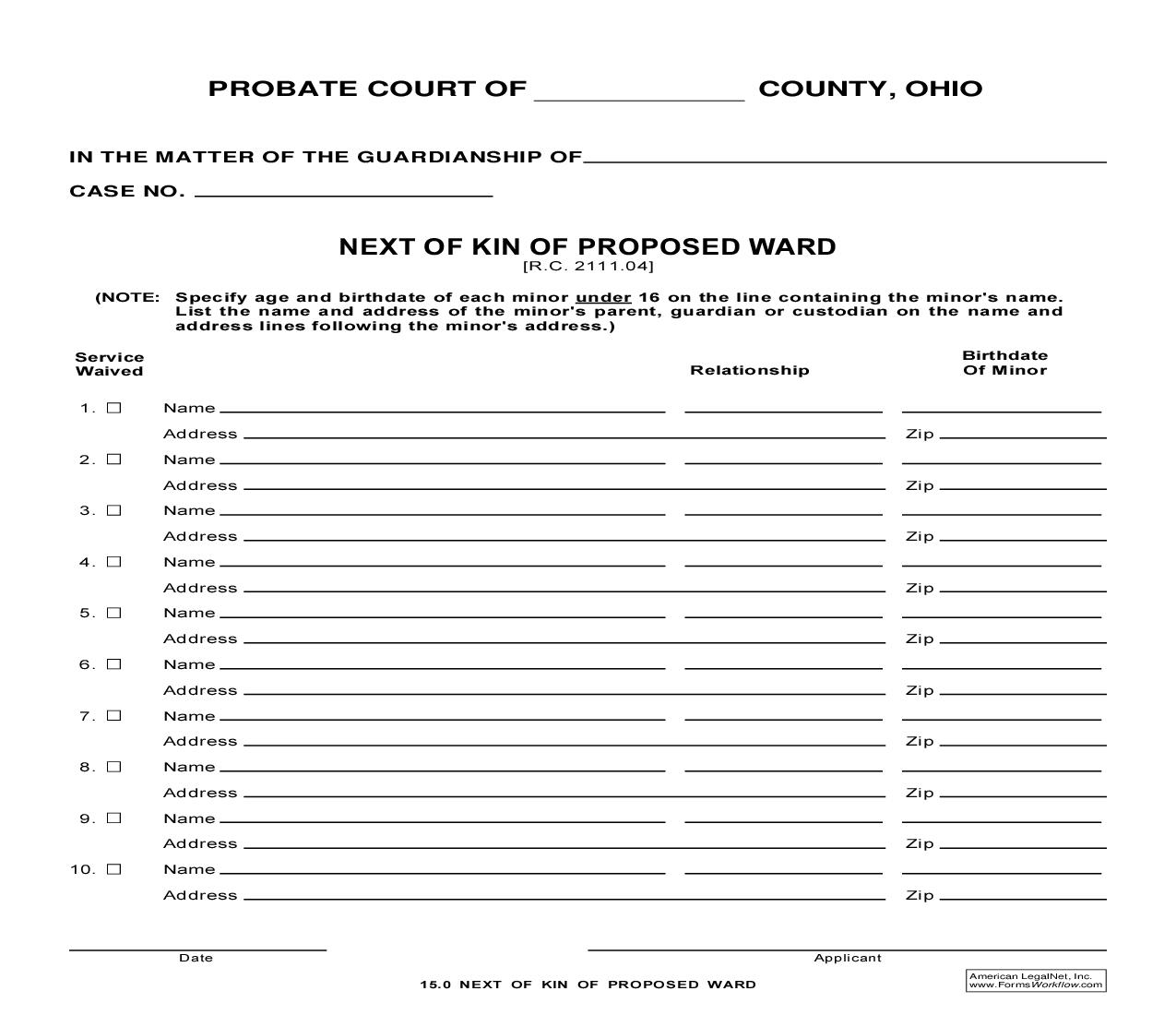 Next Of Kin Of Proposed Ward {15.0} | Pdf Fpdf Doc Docx | Ohio