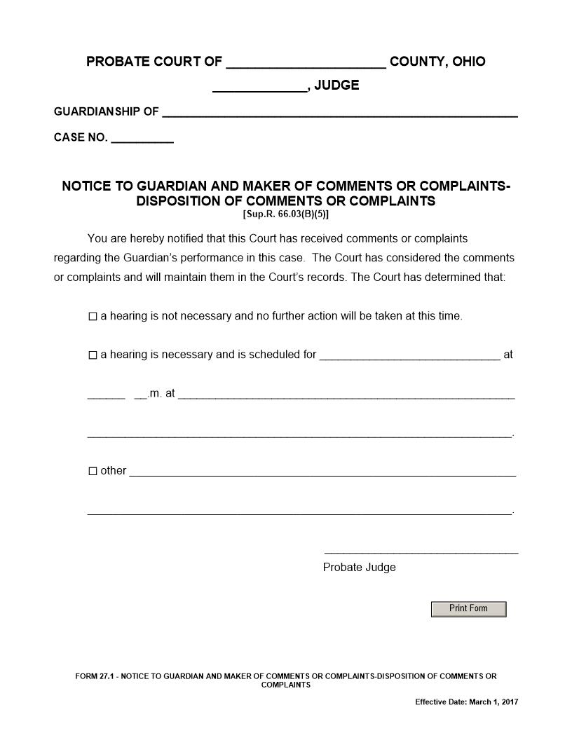 Notice To Guardian And Maker Of Comments Or Complaints Disposition {27.1} | Pdf Fpdf Docx | Ohio