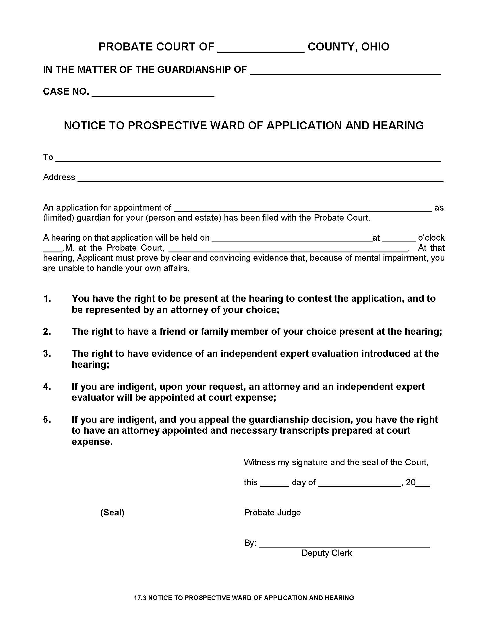 Notice To Prospective Ward Of Application And Hearing {17.3} | Pdf Fpdf Doc Docx | Ohio
