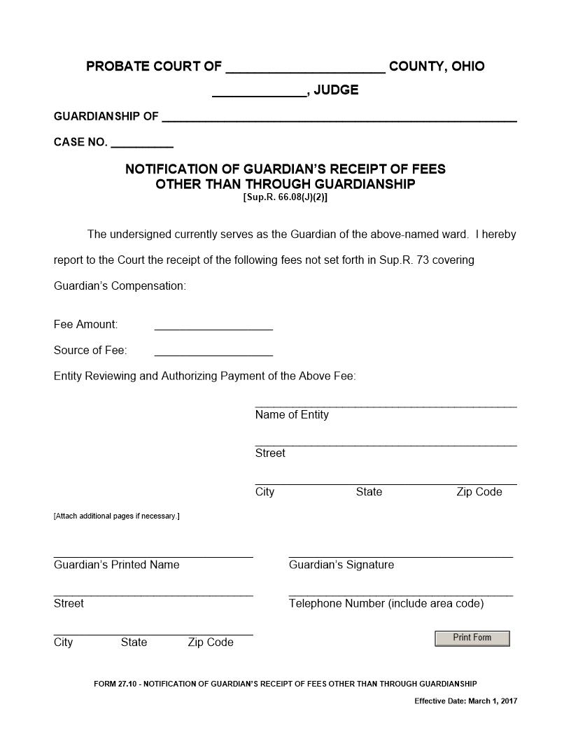 Notification Of Guardians Receipt Of Fees Other Than Through Guardianship {27.10} | Pdf Fpdf Docx | Ohio
