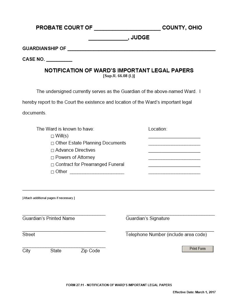 Notification Of Wards Important Legal Papers {27.11} | Pdf Fpdf Docx | Ohio